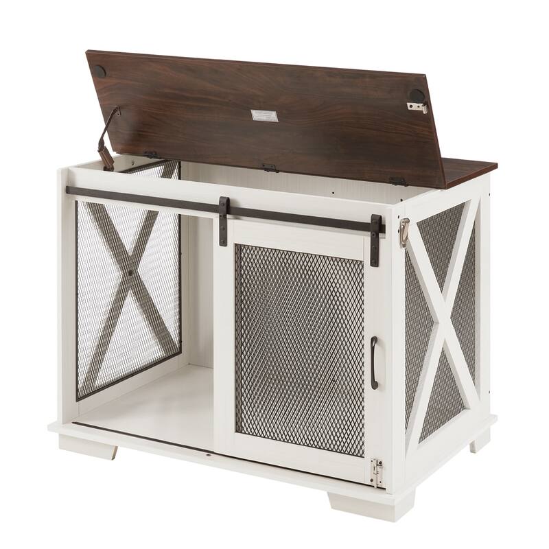 Flip-Top Plate Dog House Dog Cage Crate Furniture with Sliding Barn Door, Dog Kennel End Table with Detachable Divider