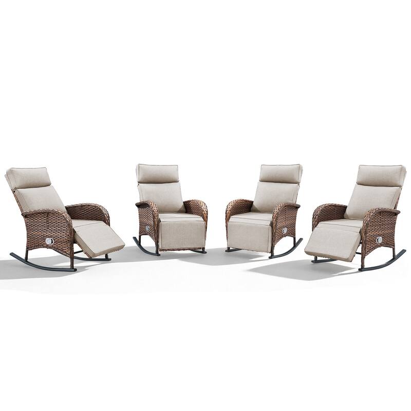 Meyreso Wicker Rocking Reclining Chaise Lounge with Adjustable Backrest & Footrest (4-Pack)