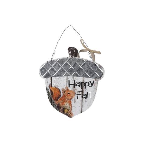 Happy Fall Squirrel on Acorn Shaped Wall or Door Hanger Sign Wood 13.25 Inches - Multi