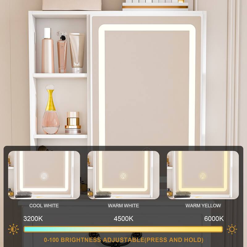 Small Makeup Vanity Desk with LED-lit Mirror and Hidden Storage