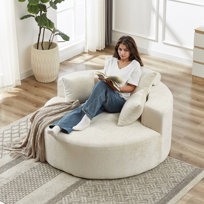 Beige Modern 55" Round Chenille Sponge Single Sleeper Sofa with Backrest Pillow for Living Room