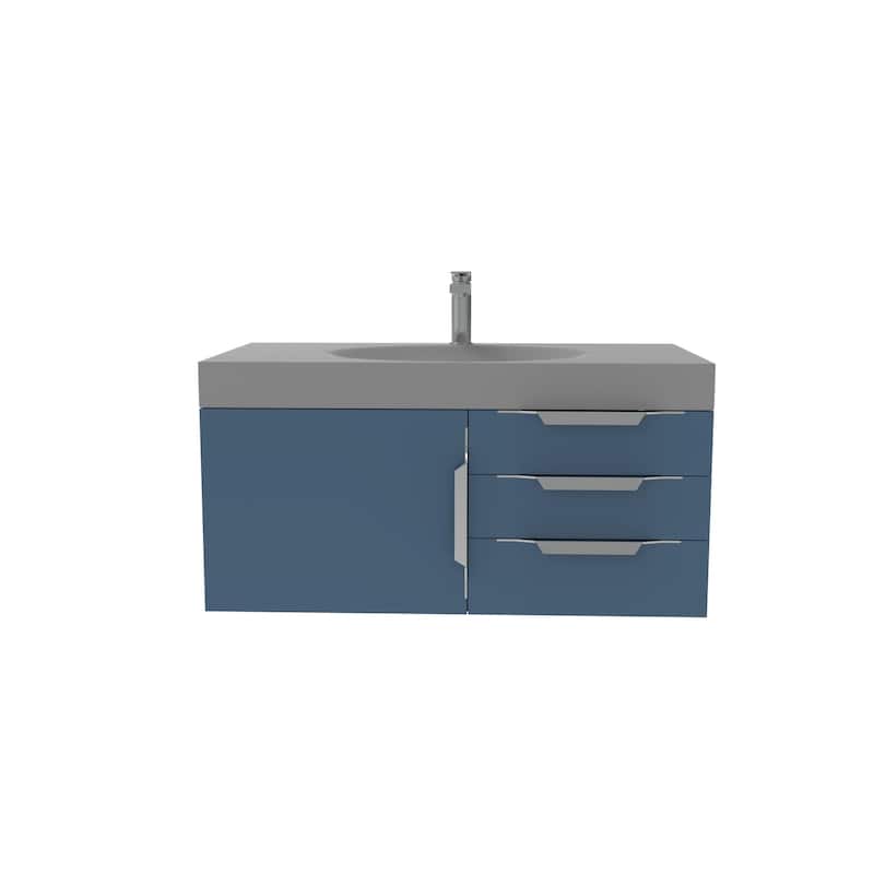 Thames 36" Shallow Basin Wall Mounted Bathroom Vanity Set w/ Gray Top - Blue - Brushed Nickel Finish