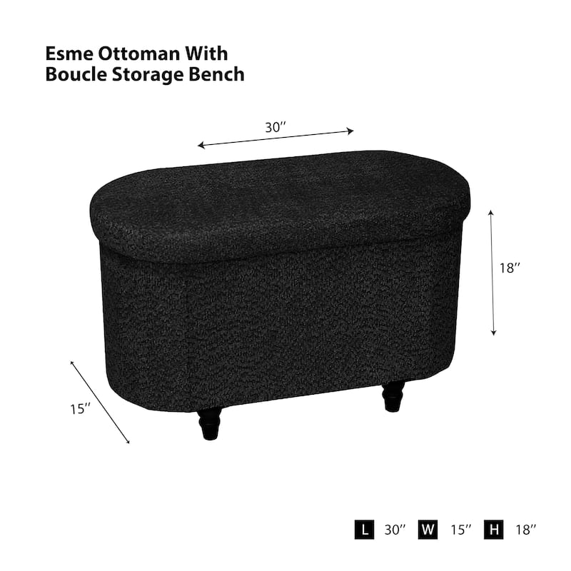 Black Boucle Storage Ottoman Bench Modern Upholstered Seat 30" x 15"