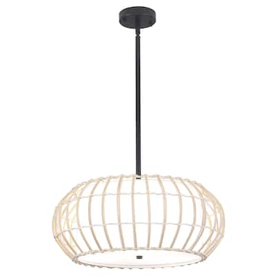 3 - Light Dimmable Rattan - Wrapped Oval Drum Chandelier - Black - N/A
