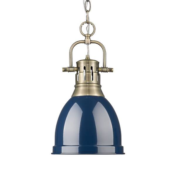 slide 2 of 2, Yep by Golden Lighting Duncan 1-light 9in Chain Hung Pendant in Aged Brass and Navy Blue shade