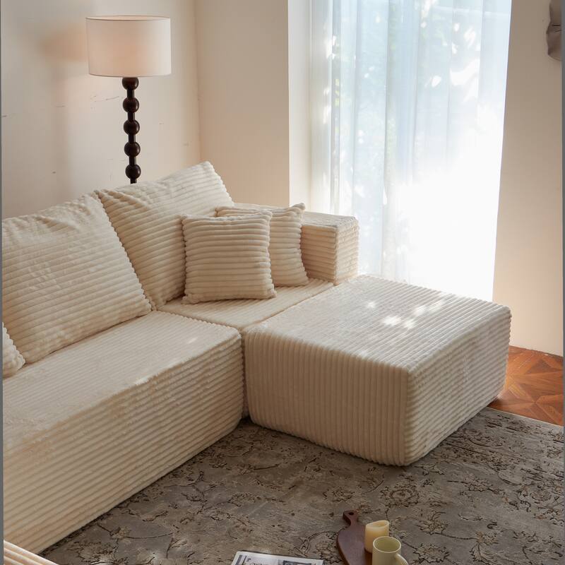 Modular Sectional Sofa with Chaise & Ottoman, Fabric Upholstered Boneless Cloud Sofa, Deep Seat Corner Sofa with Side Pockets