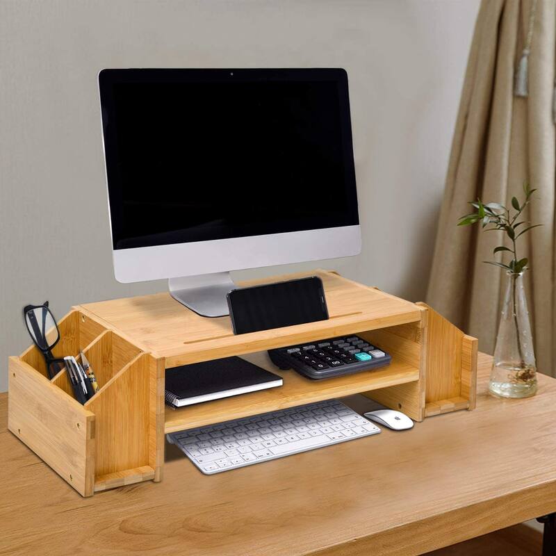 Wood Computer Monitor Stand Desktop Organizer with Drawer