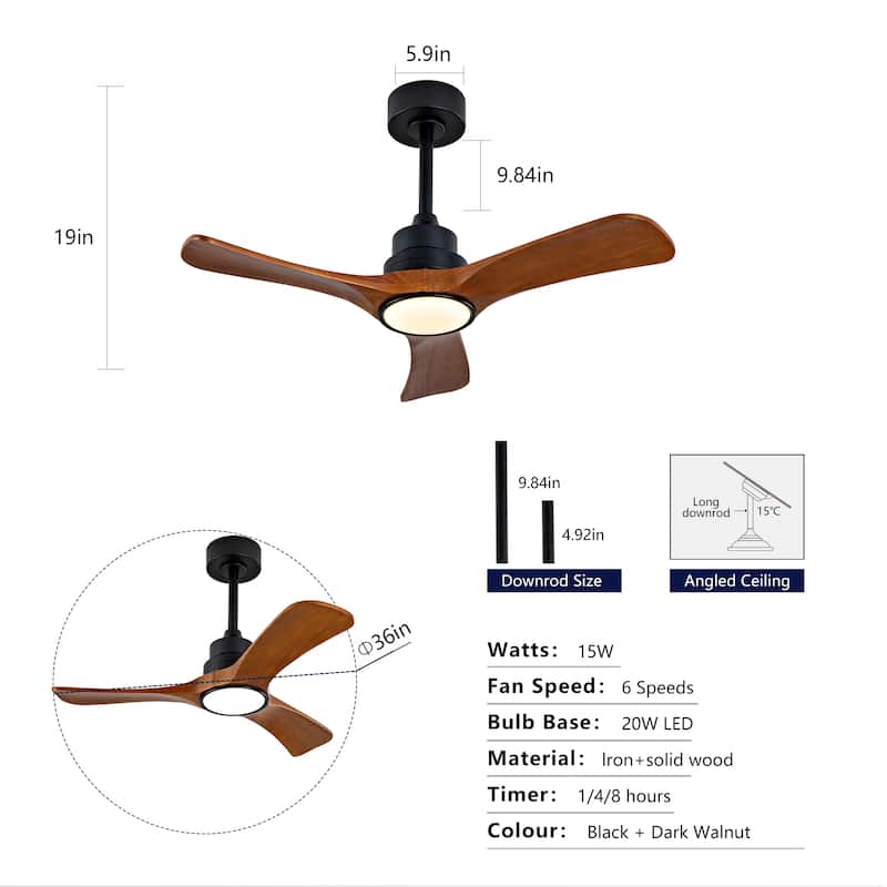 36-Inch Ceiling Fan Light with 6-Speed Remote Control, Black Three-Blade, Reversible Wooden Fan Blades, DC Motor