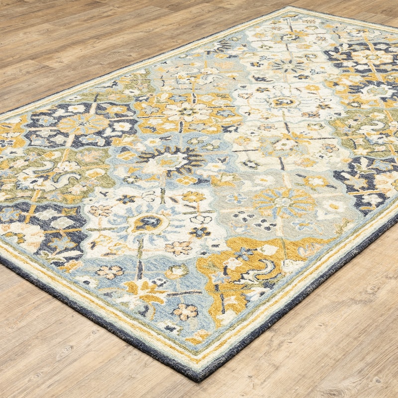 Style Haven Ava Hand-tufted Wool Loop-pile Floral Panel Blue/ Gold Area Rug