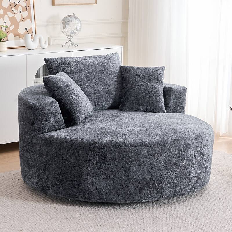Round Accent Chair with High-Resilience Cushions, Swivel Chenille Barrel Chair, Fluffy Sleeper Lounge Chair