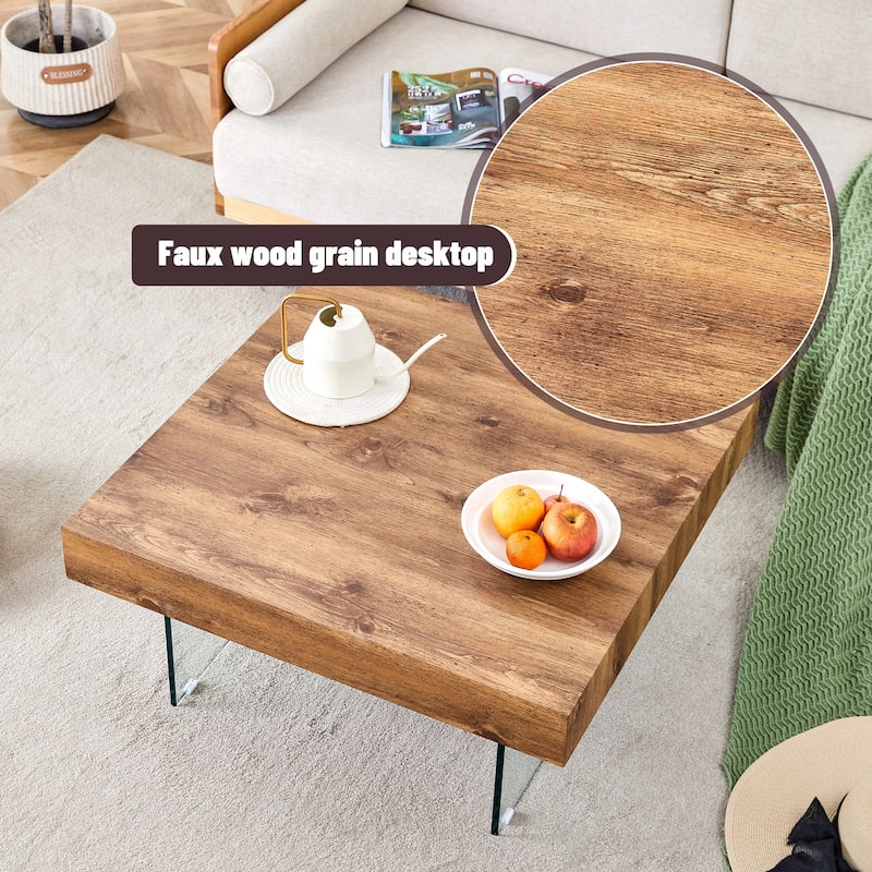 Walnut Colored Square Mdf Coffee Table - 31.5"X31.5"With Tempered Glass Legs.Density Board Sticker,Reinforced Glass Legs