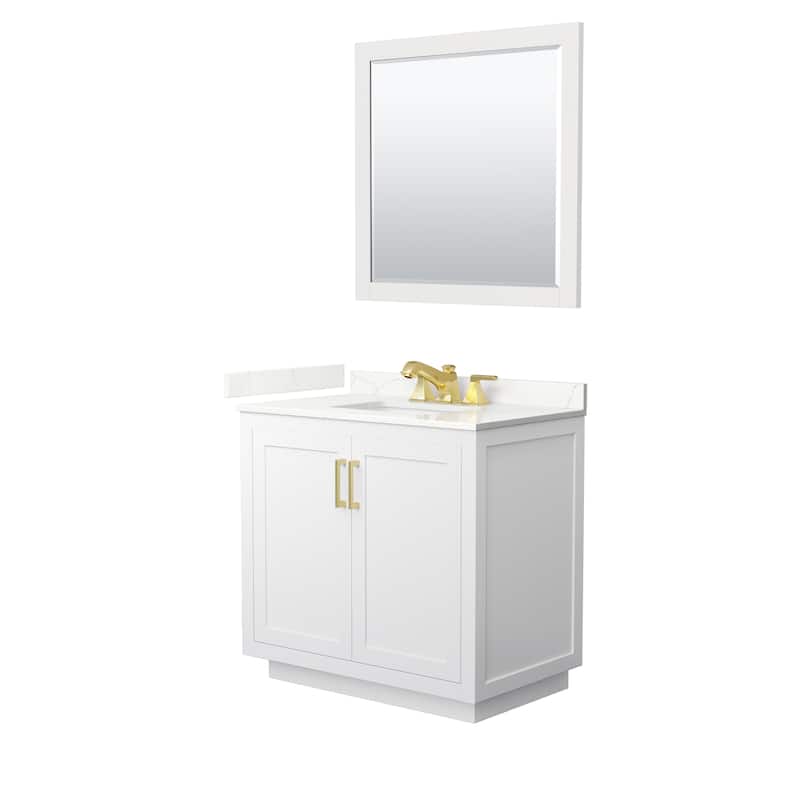 Miranda 36-inch Single Vanity, Quartz Top, 34-inch Mirror - White, Gold Trim, Giotto Quartz Top