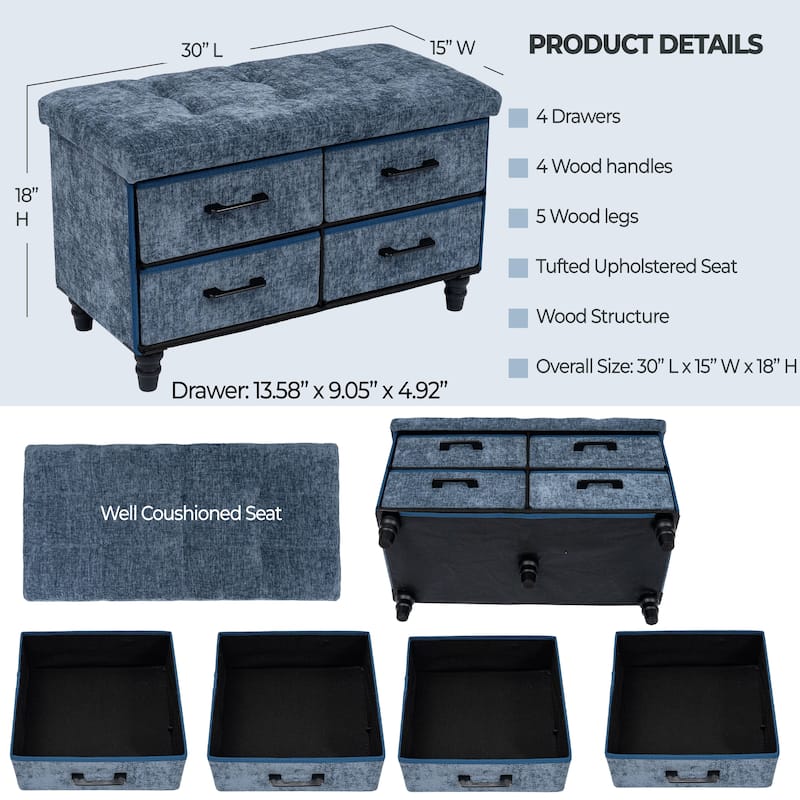 30 Inch Storage Ottoman With Four Drawers For Organized Home Use Storage