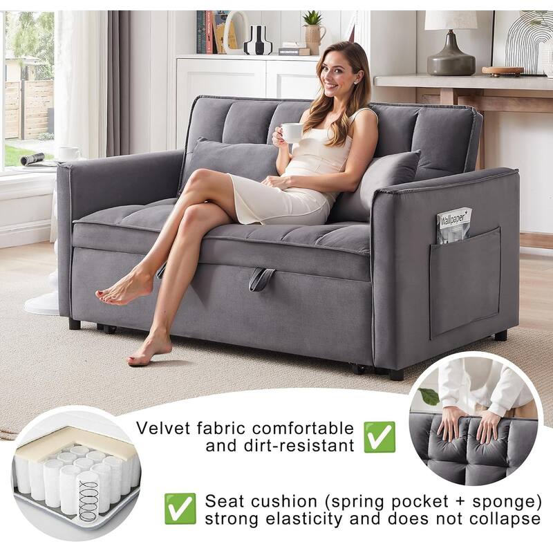 3 in 1 Convertible Sleeper Sofa Bed, Futon Couches for Living Room with Side Pocket, Adjustable Backrest