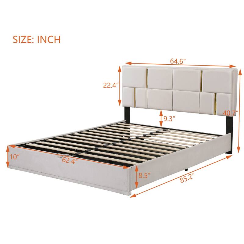 Gold Striped Lattice Headboard Bed Frame, Lift Up Storage Platform Bed, Under-Bed Storage Space Low Profile Bed, Wood Panel Bed