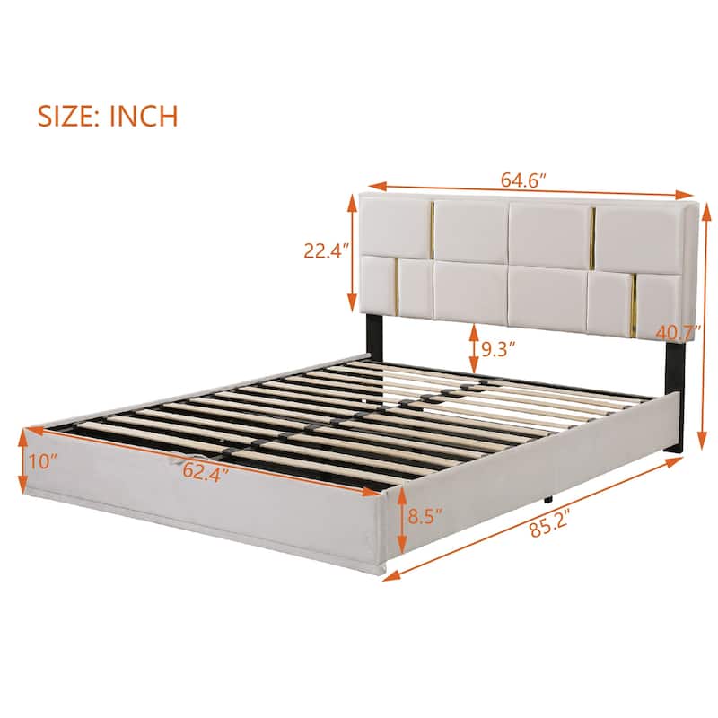 Upholstered Platform Bed Frame, Queen Size Hydraulic Storage Bed with Gold Decorative Headboard, Wooden Slats Support