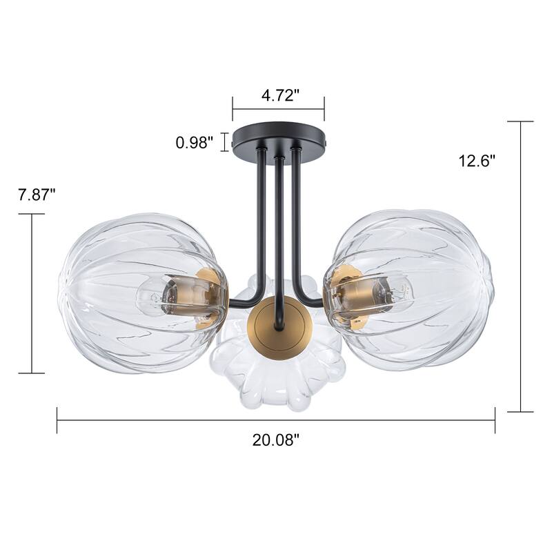 3-Light Contemporary Semi Flush Mount with Ripple Glass