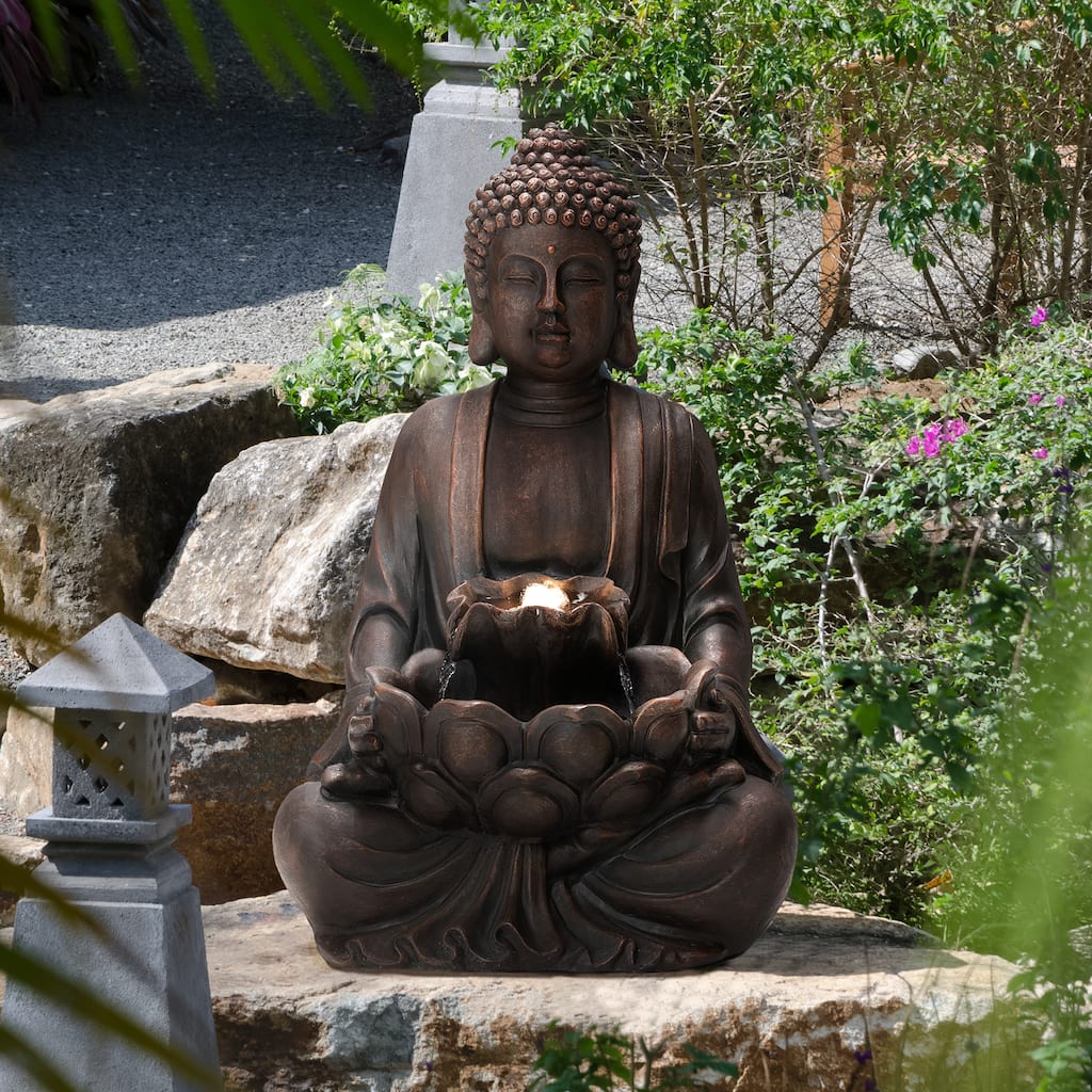 Glitzhome 28.25"H Zen Style Meditating Buddha Statue Patio Fountain with LED Lights - 28.25"
