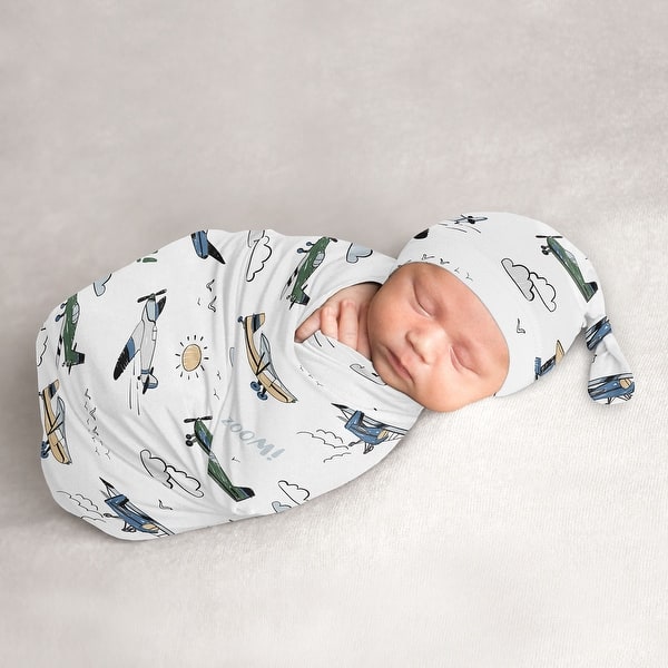slide 2 of 6, Sweet Jojo Designs Green Vintage Airplane Boy Baby Cocoon and Beanie Hat Sleep Sack -2p Set- Airplanes Transportation Clouds Sun