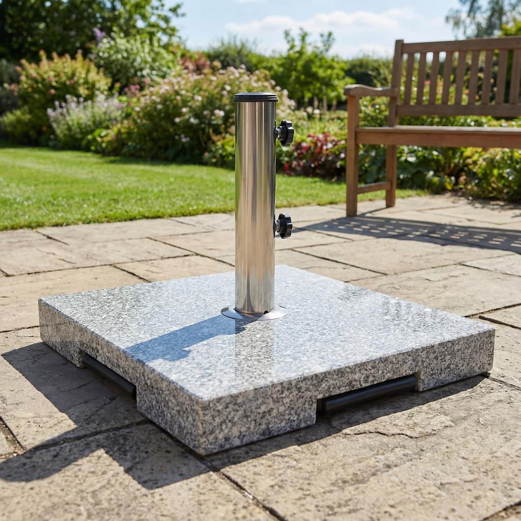 Roomfitters Mojave Granite Outdoor Umbrella Base with Stainless Steel Holder, 86 Inch Max Canopy, Natural Grey