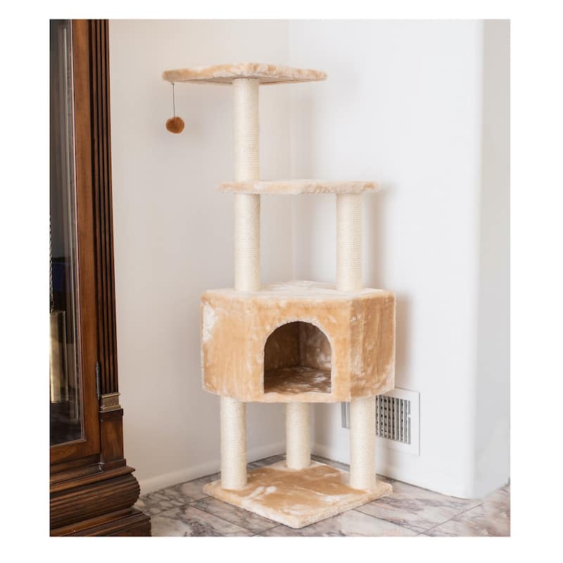3 Levels Real Wood Cat Tower for Kittens Play 48 Height Beige