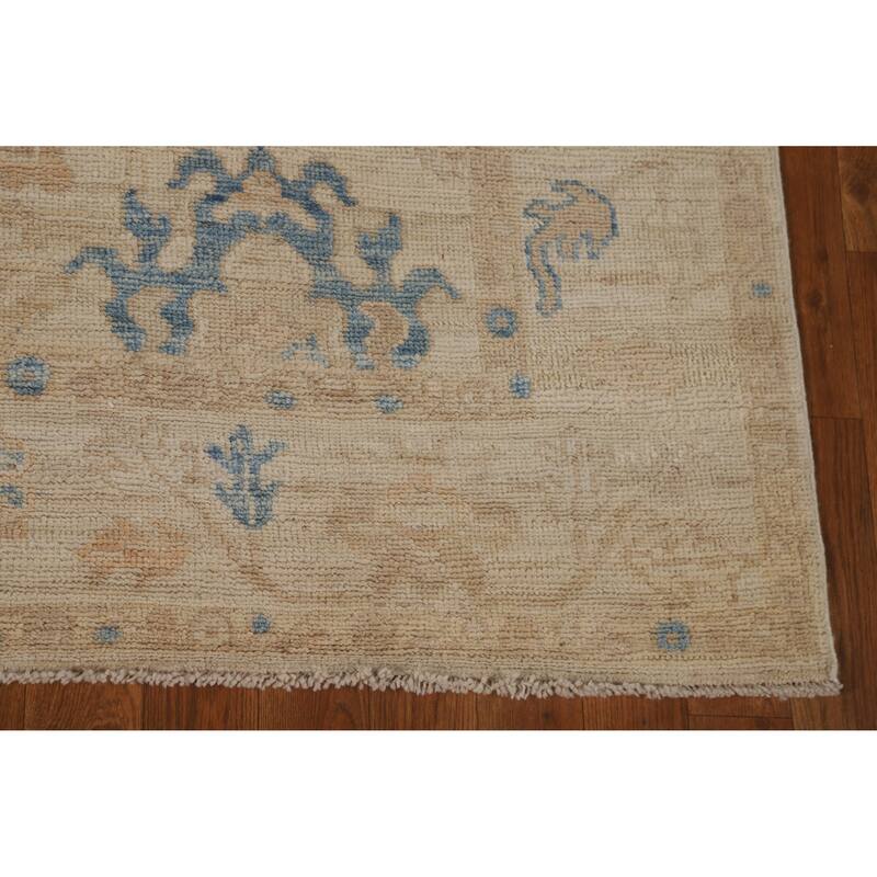 Vegetable Dye Oushak Turkish Rug Hand-Knotted Beige Wool Carpet - 5'0"x 6'7"