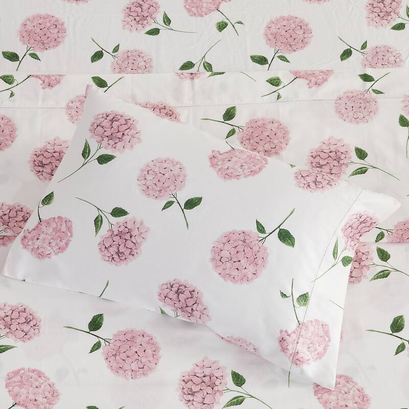 Printed Design Cotton Collection 400TC Hemstitch Pink Hydrangea Sheet Set and Pillowcases
