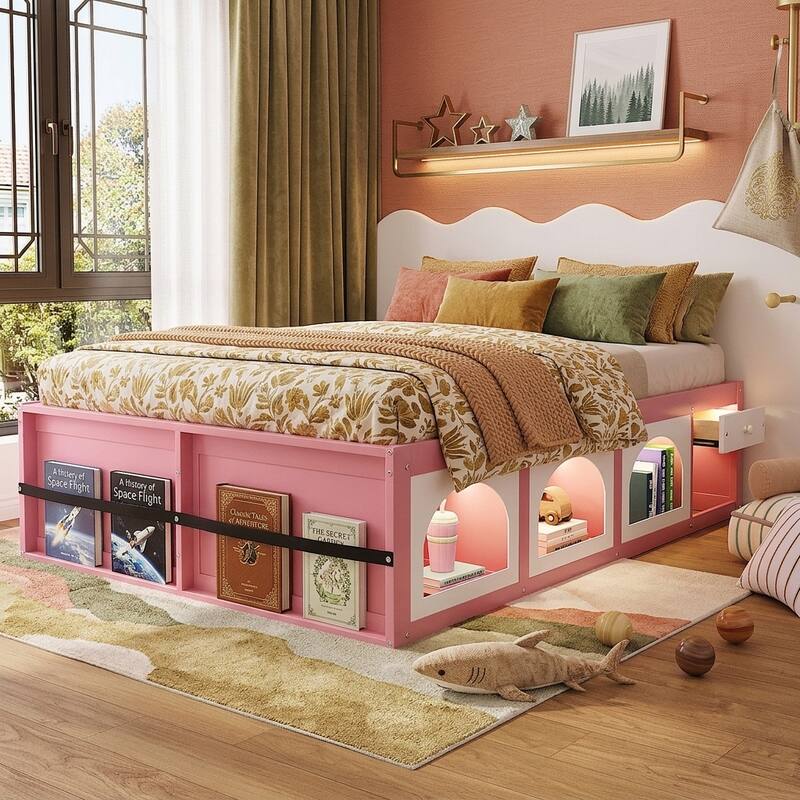 Wooden Platform Bed with Footboard Bookshelf, LED Display Cabinet and Drawer Storage by Harper&Bright Designs - Pink+White - Queen