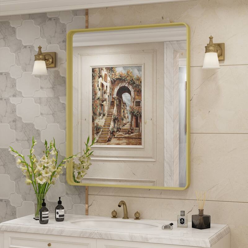 Aluminum alloy Framed Tempered Glass Wall Bathroom Vanity Mirror - 36" x 30" - Gold