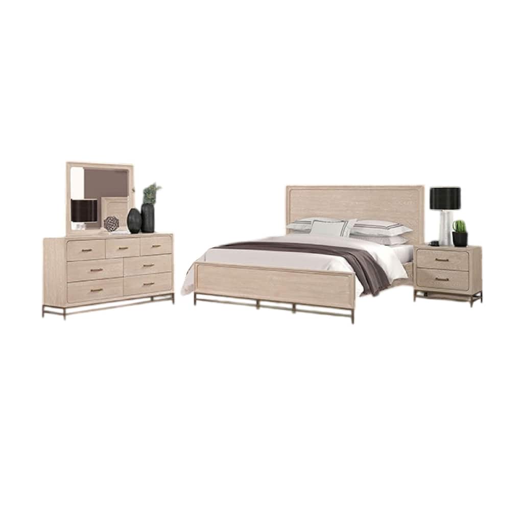 Rozie 4pc Queen Bedroom Set, Beveled Mirror, Dresser, Oak Brown Wood