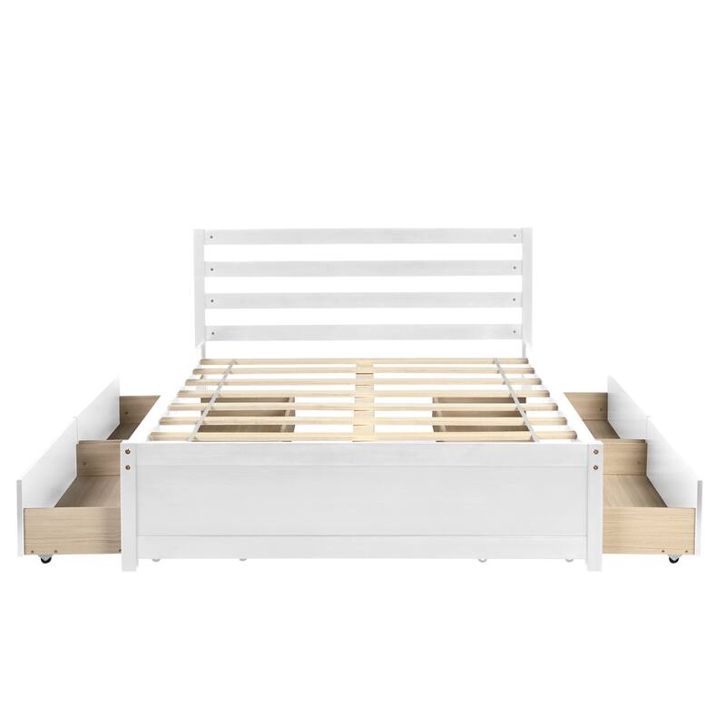 White Panel Bed Frame Full Size Platform Bed Wood Bed with 4 Storage Drawers and Headboard, Space-saving Bed