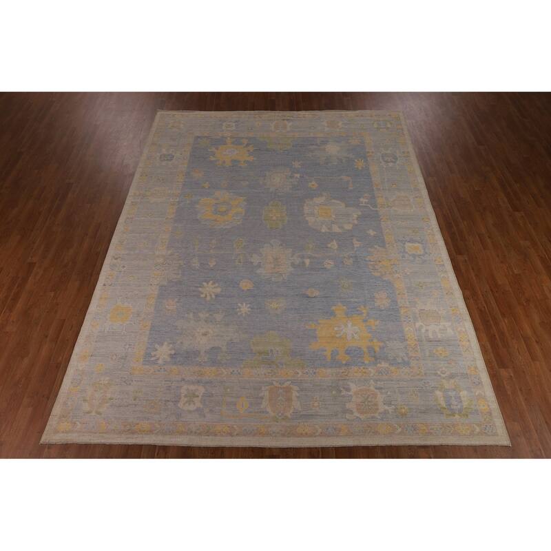 Blue Vegetable Dye Oushak Turkish Area Rug Hand-Knotted Wool Carpet - 9'6"x 12'1"