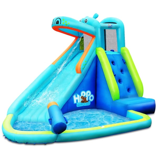 slide 2 of 10, Costway Inflatable Kids Hippo Bounce House Slide Climbing Wall Splash 5-7 Years