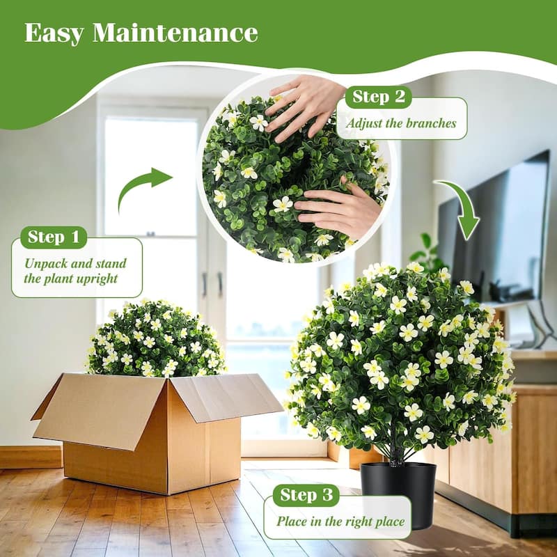 Set of 2 Artificial Boxwood Topiary Ball Tree Potted Tree w/ Flowers