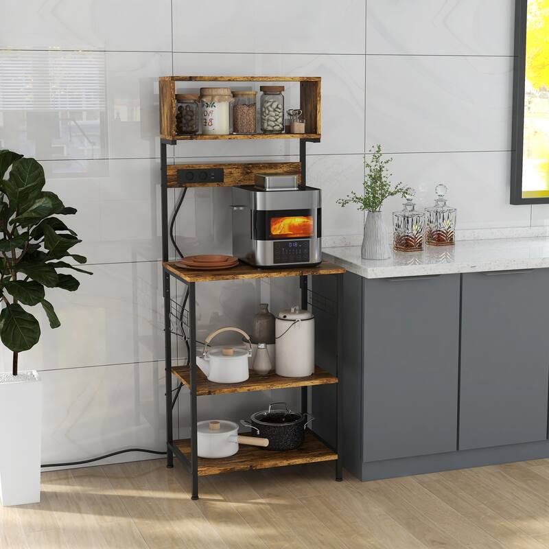 Kitchen Bakers Rack with Power Outlet, USB Charger, Microwave Stand, Coffee Bar with Adjustable Shelves