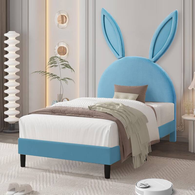 Javlergo Twin Size Kids Bed Frame with Cute Ears Velvet Headboar No Box Spring Required Bed Children's Bed