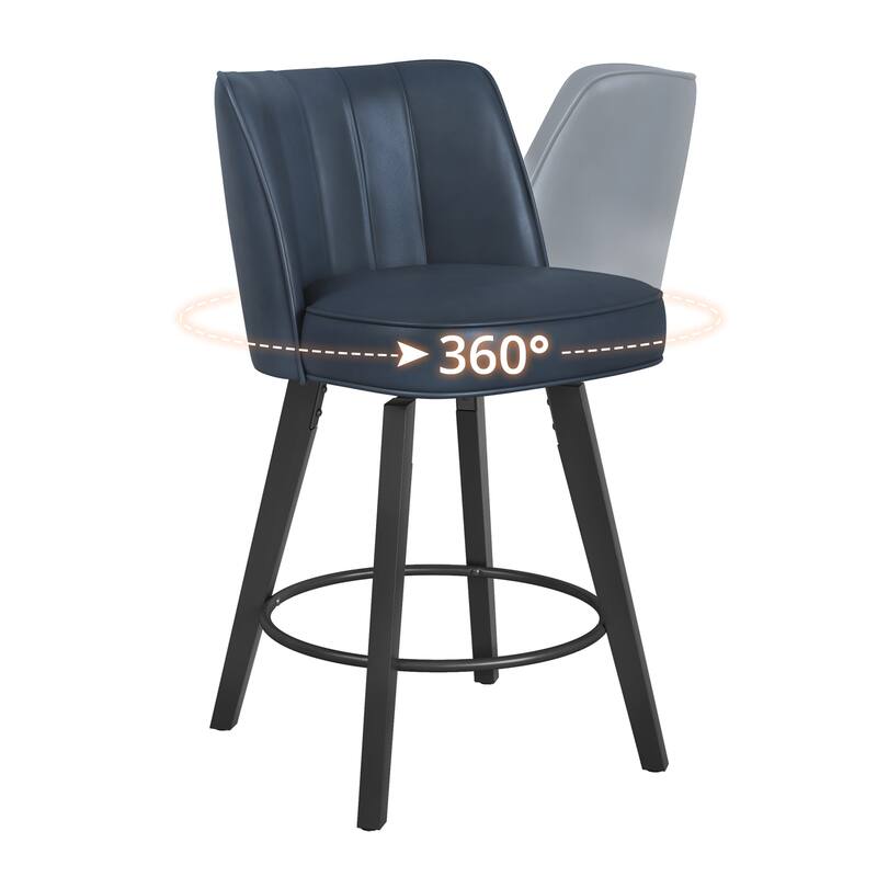 26.in Swivel Bar stool PU Leather/Fabric Upholstered Counter Stool, High Back Armless Stool with Wooden Legs - Set of 3 - Blue/Lether