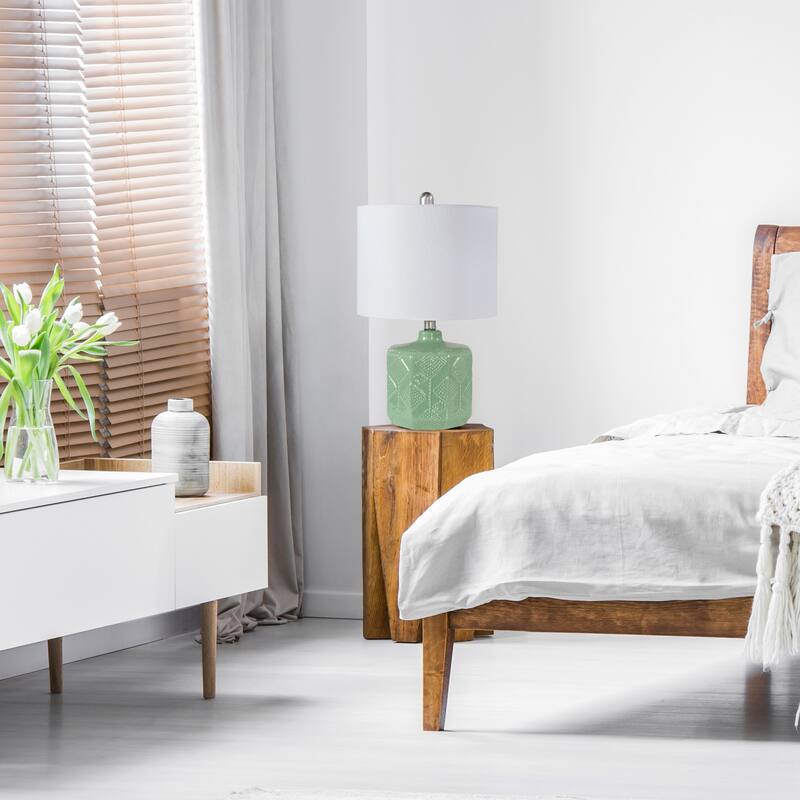 Eyelet Floral Table Lamp with White Drum Shade - 19" - Sage Green