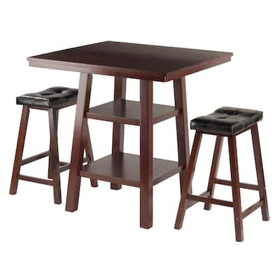 3-Pc High Table with Cushion Saddle Seat Counter Stools, Walnut and Black