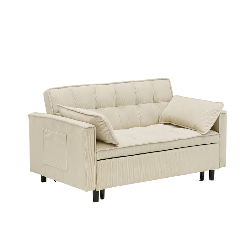 Corduroy Pull Out Loveseat Sofa Convertible Sleeper Love Seat Bed Adjustable Backrest Tufted Couch w2 Pillo & Pockets