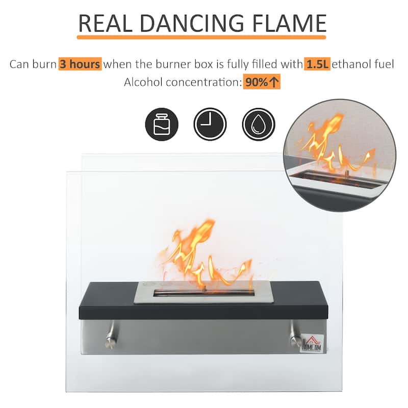 HOMCOM Portable Table Top Ventless Ethanol Fireplace Indoor Outdoor Fire Pit, 18.5"x 7.75", Silver and Black