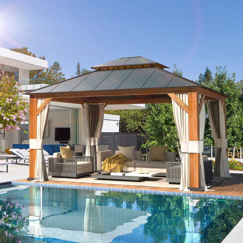 Premium Outdoor Gazebo Pergola with Galvanized Steel Roof, Wooden Coated Aluminum Frame, Privacy Curtains, and Nettings Included
