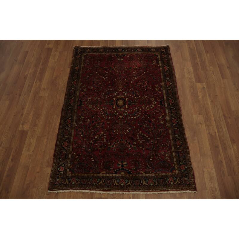 Hand Knotted Oriental 100% Wool Carpet Traditional Floral Red Sarouk Area Rug - 4' 10'' X 3' 4''
