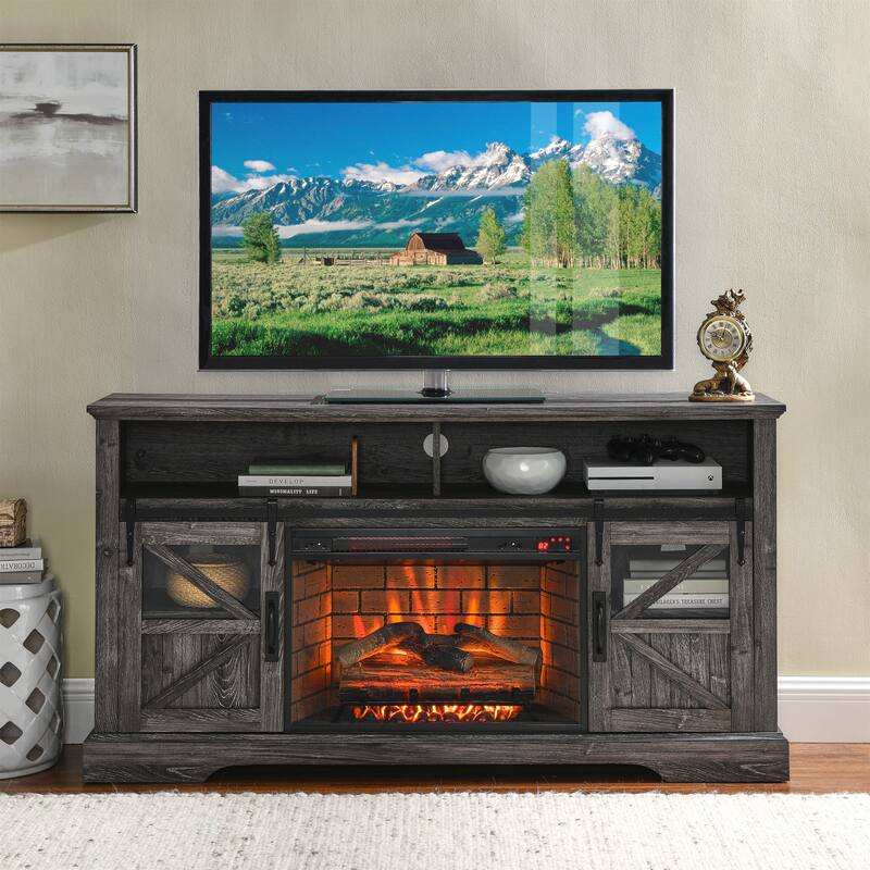 60" Entertainment Center with 1500W Electric Fireplace, Door Sensor, Infrared Remote, and Storage for TVs up to 70" - Dark Oak