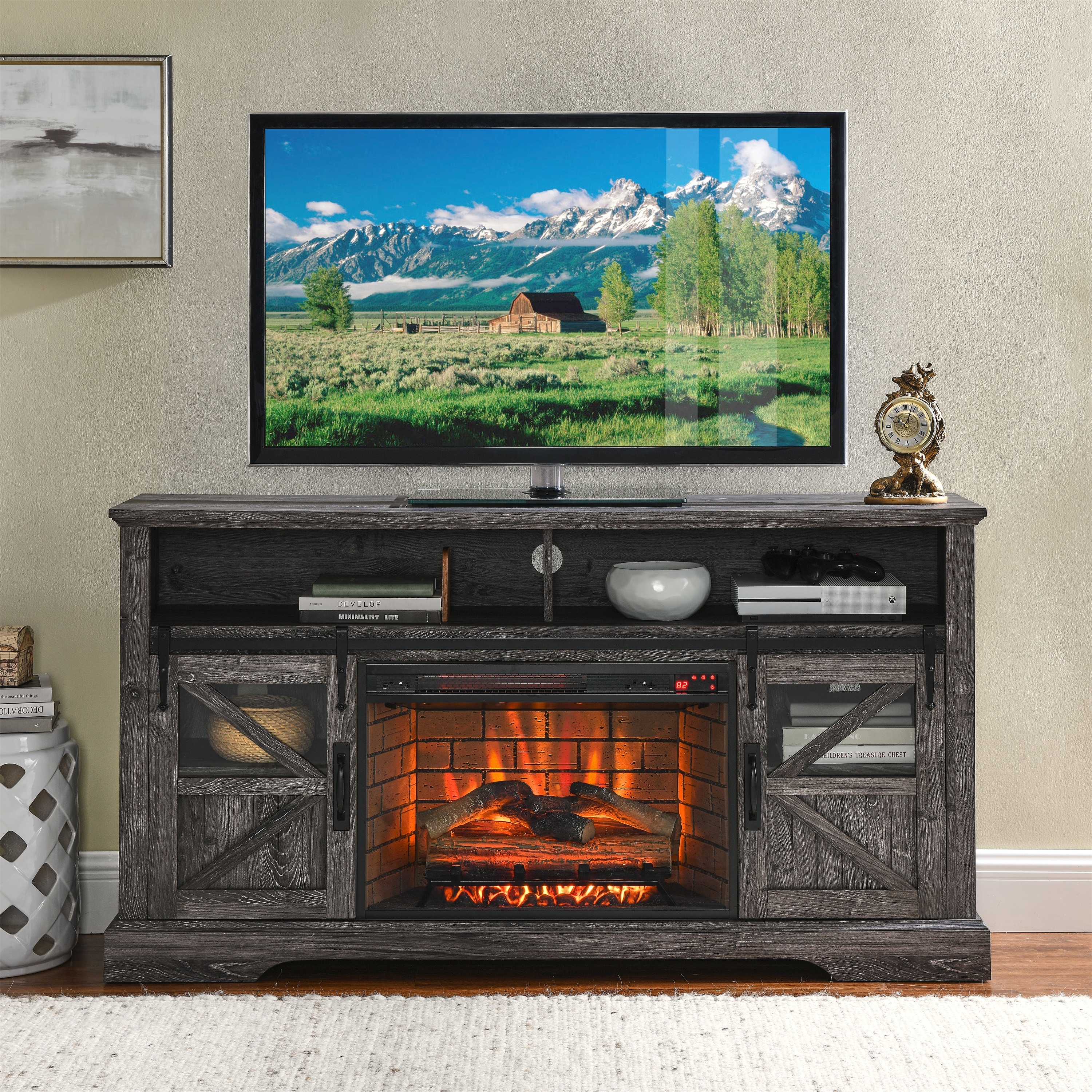 Dark gray tv stand with fireplace sale