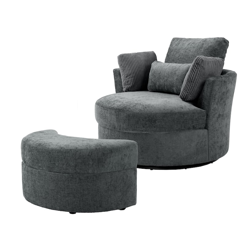 Upholstered Swivel Accent Chair with Wooden Tray Storage Ottoman