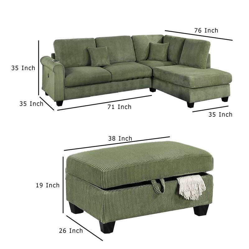 Roe 3pc Sectional Sofa Set w Chaise, Ottoman, 2 Pillows, Sage Green