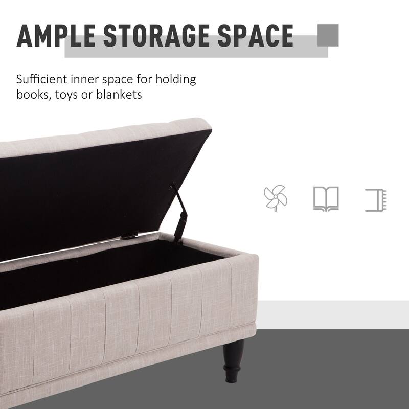 Linen Storage Bench with Soft Close Lid Upholstered Seat Hidden Compartment Hardwood Legs for Entryway or Bedroom