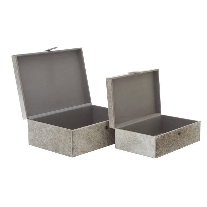 Leather Handmade Decorative Box with Hinged Lid - Set of 2 Gray, Brown, Dark Brown, Gold, Silver - Roche River Decor