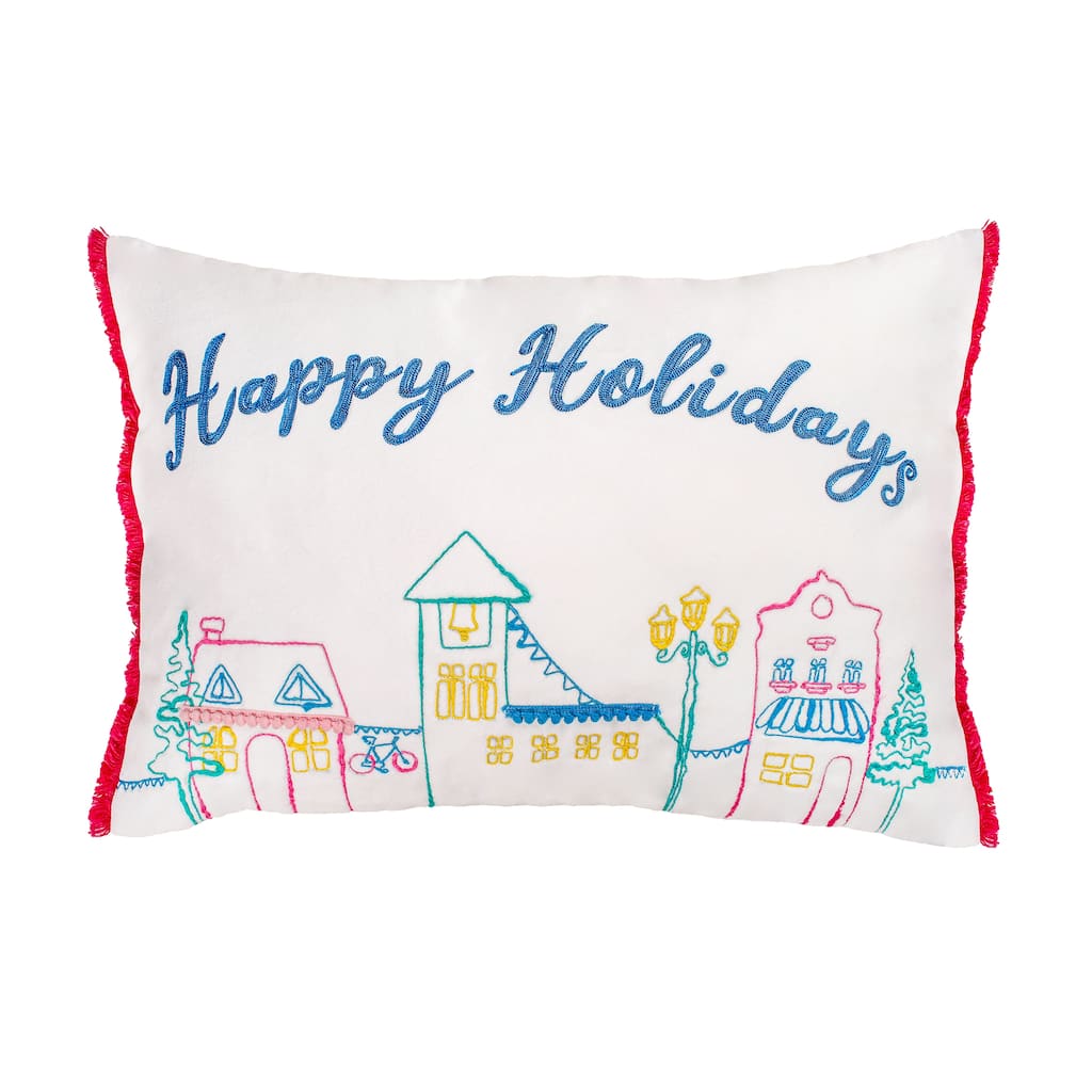 HGTV Home Collection "Happy Holidays" Pillow Embroidered With Village Scene , White, 20 in